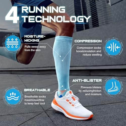 Rahhint Coolmax 20-30 mmHg Compression Running Socks, Long Distance Anti Blister Cushion Moisture Wicking Tall Athletic Socks