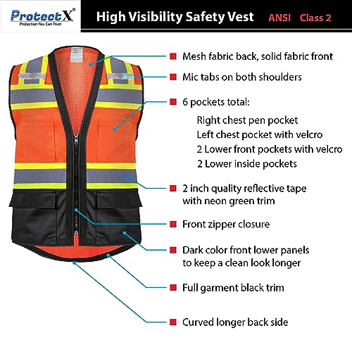 ProtectX High Visibility ANSI Class 2 Safety Vest with 6 Pockets - color: Neon Orange - Mesh Fabric, size: Small