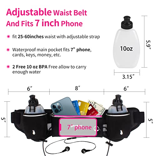 PYFK Running Belt with Water Bottles, Hydration Belt for Men and Women, Water Bottle Holder Running Pouch Water Belt, Fanny Pack Fits 7 inches Phones, Waist pack for Runner Jogging - color: rose red
