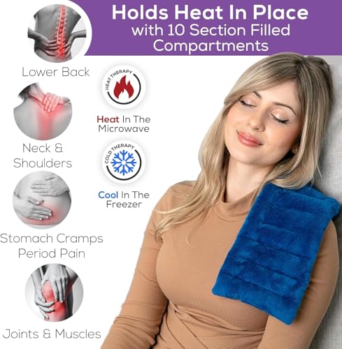 Purple Moon Collection - Microwavable Heating Pad for Neck & Shoulders - 6x16 in, Blue - Flaxseed Heat Pack - Weighted Hot & Cold Therapy Compress Wrap for Pain Relief, Menstrual Cramps, Sore Muscles - color: Blue