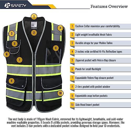 JKSafety Hi Vis Safety Vest for Men Women Cushioned Collar JK101 Black M - color: Jk101-black, size: Medium