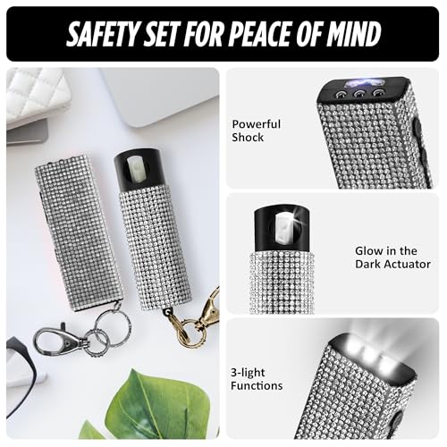 Guard Dog Security Bling It On Stun Gun and Pepper Spray for Self Defense, Fashionable Self-Defense Keychain Set for Women, Glow-in-the-Dark Actuator, 16-Ft Range, USB Rechargeable - color: White