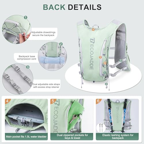 BECOJADDE Running Vest for Women Men, 5L/6L Lightweight Hydration Backpack Running Pack for Marathon, Trail, Cycling, Hiking, Jogging - color: Green