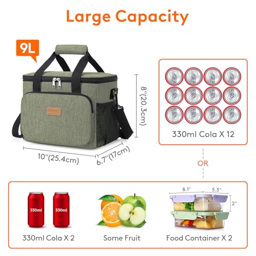 Lifewit Insulated Lunch Box for Men, Lunch Bag Cooler Women, 12-Can 9L - color: Dark Green, size: Medium(9L)