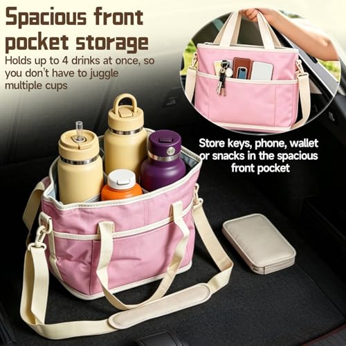 4 Compartment Drink Carrier Bag Family Size Insulated Water Bottle Holder & Tumbler Tote with Adjustable Strap Nylon Organizer Caddy with Front Pocket for Travel, Picnic, Delivery