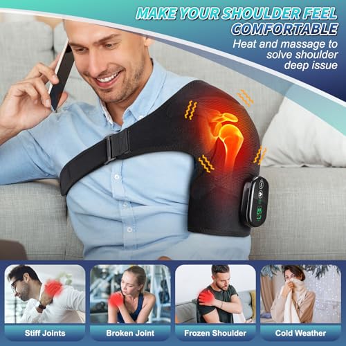 Cordless Heated Shoulder Brace with Vibration,Heated Shoulder Wrap Massager - color: Black