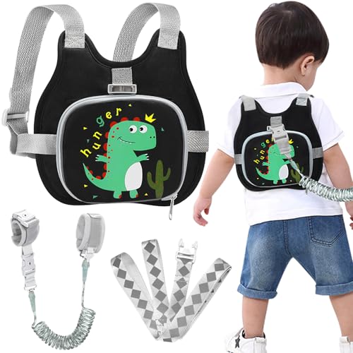 Accmor Toddler Harness Leash+ Anti Lost Wrist Link, Cute Dinosaur Kids Harness with Leash, Collapsible Child Leash Baby Walking Wristband Assistant Strap Belt for Boys - color: Black/Cute Tyrannosaurus Rex