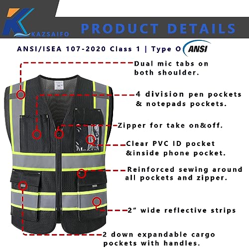 Black Safety Vest for Men with Pockets (KZ176-Black-L) - color: Blackmesh-kz176, size: Large