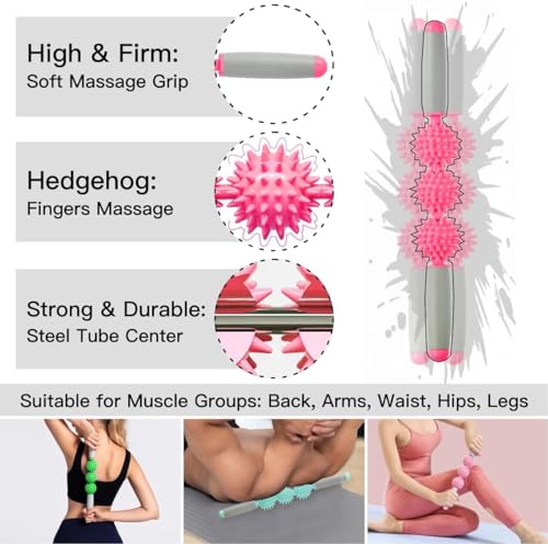 Fascia Muscle Roller, Cellulite Massager Fascia Roller for Cellulite and Sore Muscles, Neck, Leg, Back, Pressure Trigger Point Body Roller Deep Tissue Massage Stick Tools - 3 Massage Balls - color: Rose Red