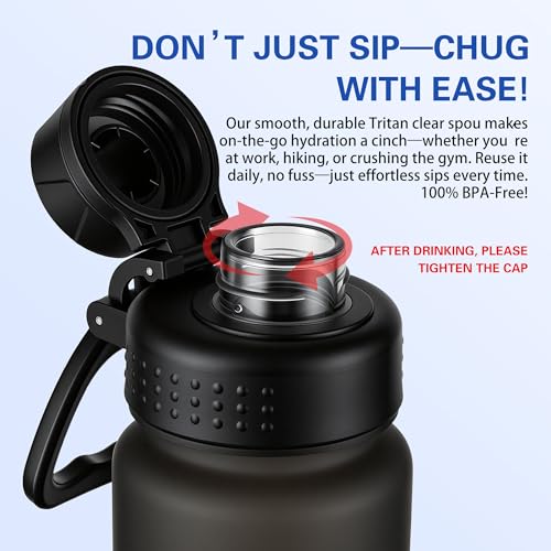 OLDLEY 32 oz Water Bottle with Handle, BPA-Free Tritan Reusable Sports Water Bottle with Leak-Proof Dust Lid, Wide Mouth, Cup Holder Friendly, Half Frosted Clear Bottle for Gym, Travel, Work,Black - color: Black