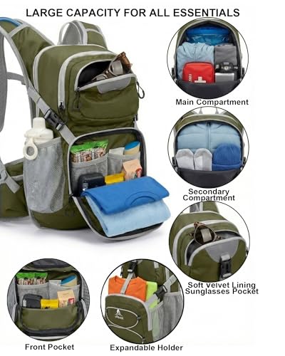 VPBAGE Hydration Backpack with 2L Bladder – Thermal Insulated Water Pack for Hiking, Skiing, Running – Lightweight Daypack for Men & Women, Soft-Lined Sunglasses Pocket & Large Waist Pockets - color: Olive Green