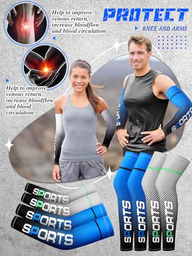 Newcotte 4 Pairs Sports Protection UV Leg Sleeves and Arm Sleeves Cooling Arm Cover Compression Sleeves for Summer Men Women Basketball Football Running Cycling and Other Sports