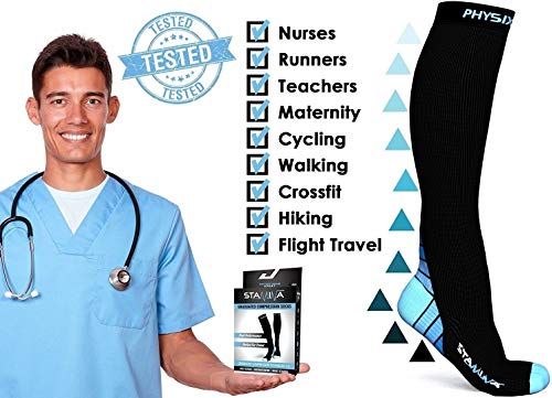 Physix Gear Compression Socks 20-30 mmHg - Men & Women - Running, Nurses, Shin Splints, Flight, Travel - color: Black/Blue, size: Small/Medium