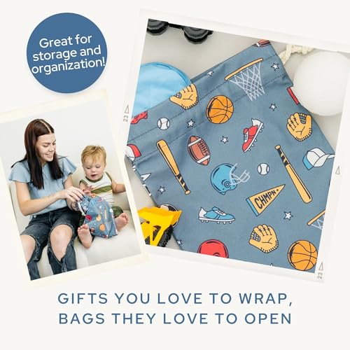 Gather & Knot Drawstring Gift Bags | 20" Large 12" Small | Premium Canvas | Reusable Fabric Wrap for Boy Birthday | Baseball Football Socccer | Sports - color: Sports