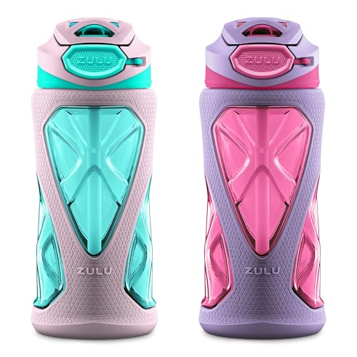 ZULU Torque 16oz Plastic Kids Water Bottle with Sleeve, 2 Pack, Frosting - color: Pink, size: 16 Ounces, style: 2 Packs