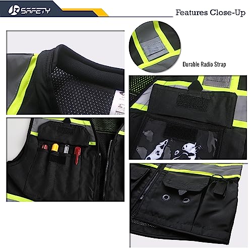 JKSafety Hi-Vis Unisex Surveyor Safety Vest Heavy Duty PPE Inner Pockets ANSI/ISEA Compliant - color: 188-black, size: 3X-Large