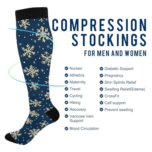 Snowflake Red Christmas Compression Sock for Women Men Funny Support Knee High Socks Running,Nurses,Travel - color: Snowflake Navy Blue