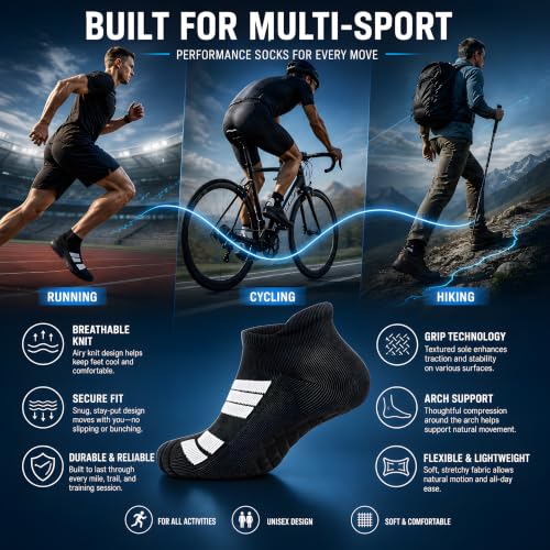 Running Socks Men Size 10-13 Ankle Height with Heel Tab for Athletic - color: 6 Black and White, size: Large