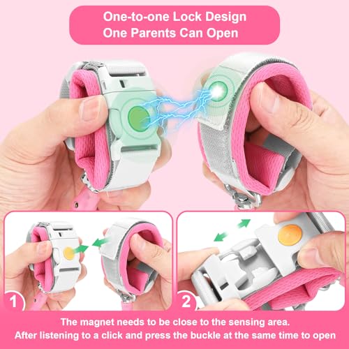 Accmor Anti Lost Wrist Link with Induction Lock, Upgraded Toddler Leash, Reflective Kids Wrist Leash for Baby, Child Walking Wristband Leashes with Magnetic Unlock Design for Girls, Rose (6.5ft) - color: Rose Pink
