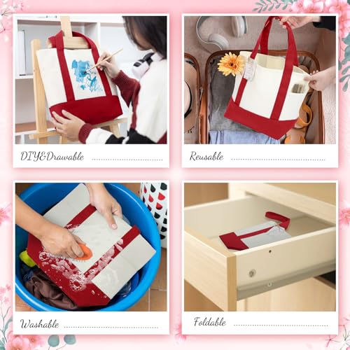 Shinylin Mini Canvas Tote Bags with 2 Pockets - color: Red and Beige
