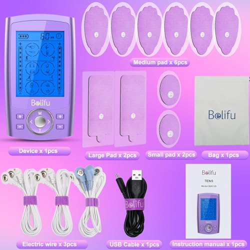 Belfiu TENS & PMS 24 Modes Muscle Stimulator for Pain Relief Therapy, Electronic Pulse Massager Muscle Massager with 10 Pads, Dust-Proof Drawstring Storage Bag, Fastening Cable Ties - color: Purple