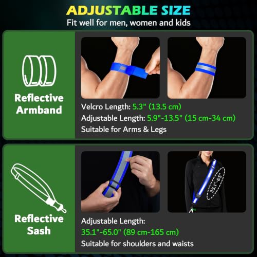Reflective Walking Gear at Night, High Visibility Safety Reflective Sash Belt and 2-Pack Armband Set, Night Running Safety Gear for Women Men Kids - color: Blue