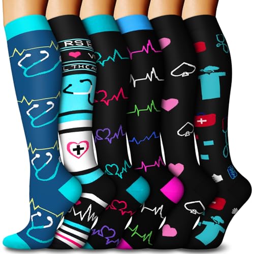 6 Pairs Compression Socks for Women & Men 15-20mmHg Knee High Socks - color: 06 - Black Nurse, size: Small-Medium