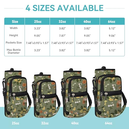 25/32/40/64oz Water Bottle Bag Holder Carrier-Insulated Crossbody Sling Case Sleeve with Strap & Pockets for Men Women Gym Cycling Travel Walking Hiking Camping - color: Green, Flowers, size: 25oz