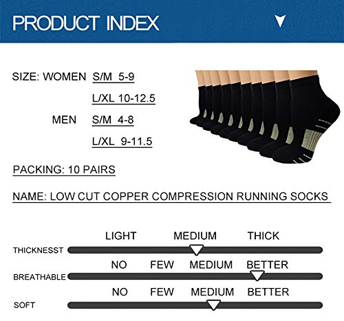 Iseasoo Ankle Compression Socks for Women Men, 5 Pairs Copper Running Socks - color: C01-10 Black, size: Large-X-Large