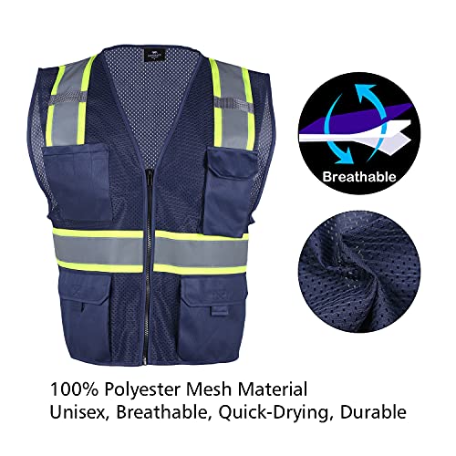 VENDACE Hi Vis Safety Reflective Mesh Vest for Men ANSI Class 2 High Visibility Vest with 8 Pockets and Zipper - color: Blue, size: X-Large