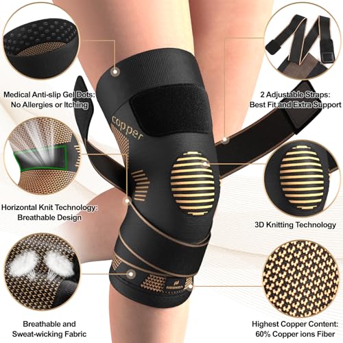 NEENCA Copper Knee Braces, Compression Sleeves with Straps for Pain Relief - color: High Copper-Pair, size: Large