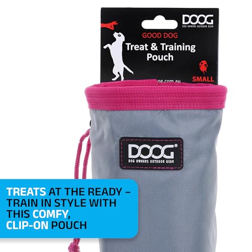 DOOG Clip On Dog Treat Pouch (Small) - Compact Hands-Free Puppy Training Reward Bag with Secure Waist Clip, Pull-String Closure & Washable Inner Lining - Grey/Pink - color: Grey/Pink, size: Small