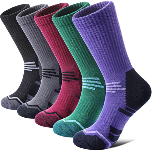 FNOVCO Women's Hiking Walking Running Crew Socks Thick Cushioned Athletic Compression Socks 5 Pairs - color: Multicolor 03, size: 9-11