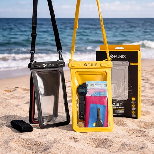 AQUAVAULT Floating Waterproof Phone Pouch, IPX8 Underwater, Large, 2 Pack - color: Black and Yellow