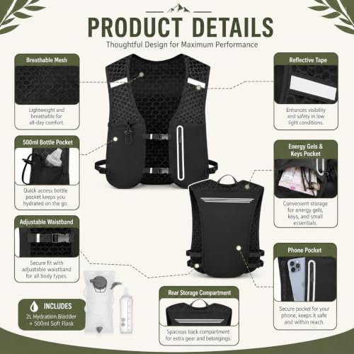 Unisex Running Hydration Vest Backpack with 2L Bladder & 500ml Soft Flask, Lightweight Adjustable Trail Running Vest for Men Women, Large Phone Pocket, Reflective Marathon Hiking Gear