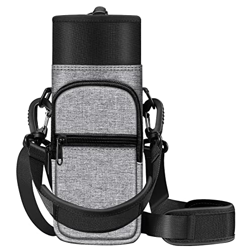 CaseBot Water Bottle Carrier Bag Sling Case, Sports Water Bottle Pouch Holder Sleeve with Adjustable Shoulder Hand Strap and 2 Pockets for Men Women Hiking Camping Travelling - color: Gray