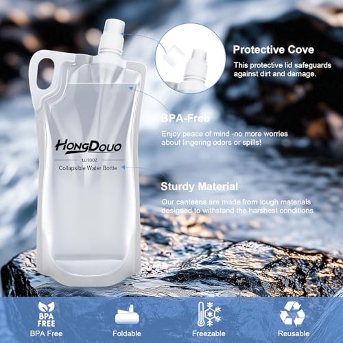 2 Pack Collapsible Water Bottles, 1L Hiking Water Flasks (2L Total) - 33oz BPA-Free Reusable Drink Bags With Carabiners and Handles, Squeeze Water through a Filter or Use as Water Bottles