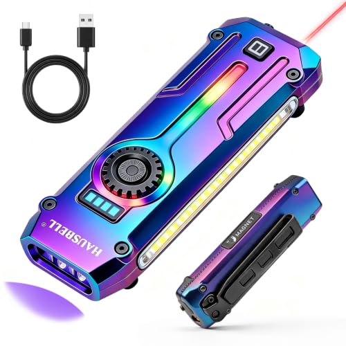 HAUSBELL Flat EDC Flashlight 1800LM Turbo, 0.6" Ultra-Slim Pocket Light with Stepless Dimming Dial, Magnetic Base, 365nm UV & Red Laser, Side-COB Flood, USB-C Fast Charge, IP44 Weatherproof - color: Iridescent