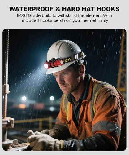 2 in 1 Detachable Flashlight & Headband, LED Rechargeable Headlamp for Adults - Hard Hat Light Running Head Lamp with Red Light, Magnet, 180° Tilt, 7 Modes, Outdoor, Emergency 1PC, Red