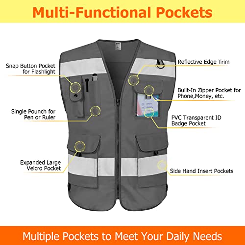 TCCFCCT Hi Vis Vest 9 Pockets High Visibility Safety Vest for Men, Grey M - color: Grey Fabric-bison 001, size: Medium