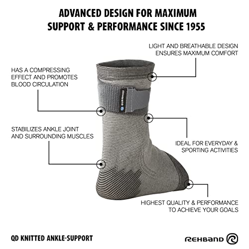 Rehband QD Knitted Ankle Support Brace, Breathable Elastic Ankle Sleeve with Adjustable Strap, Compression Ankle Support for Stability, Pain Relief & Sports Performance, Colour:Grey, Size:Medium - size: Medium