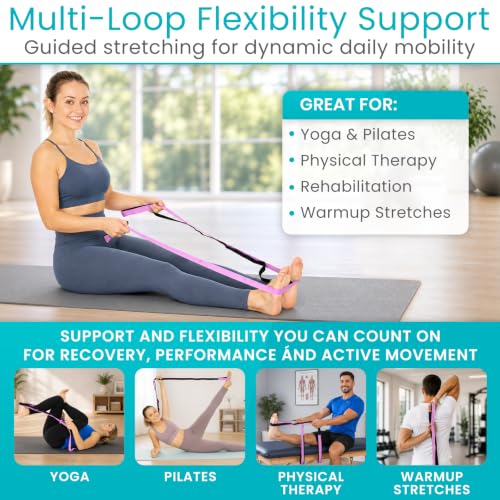 Vive Stretch Strap (75" - 10 Loops) - Leg Stretch Band to Improve Flexibility - Stretching Out Yoga Strap - Exercise and Physical Therapy Belt for Rehab, Pilates and Gymnastics with Guide Book - color: Pink