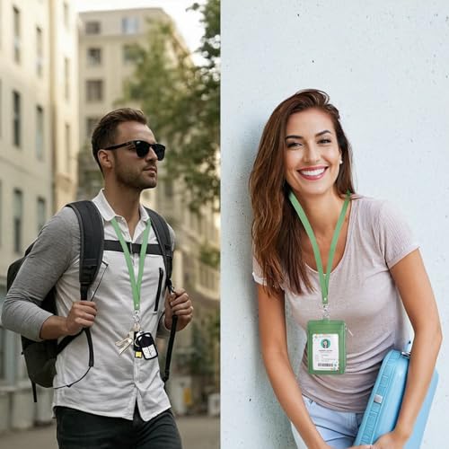 bolimoss 2-in-1 ID Badge Holder & Lanyard Wallet, Leather ID Name Badge with Side Zip Pocket for Teacher, Student, Women Small Wallet with Removable Neck Lanyard, Clear Window, 5 Card Slots,Lime Green - color: Lime Green