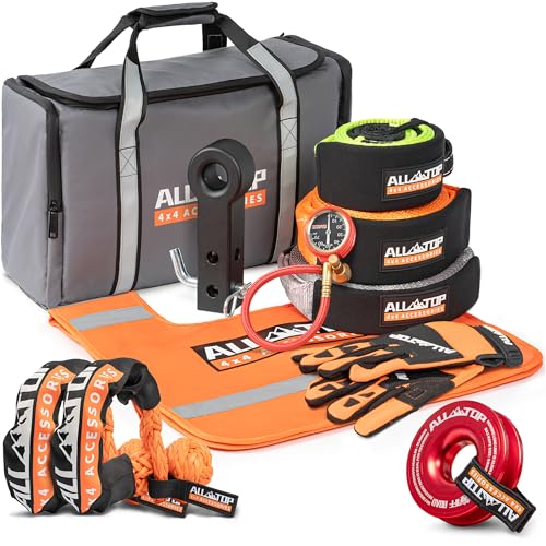ALL-TOP Recovery Pack Pro 11in1: Water-Resist Offroad Gear Bag with Recovery Strap Kit(3), Damper, 2 Soft Shackles, SS Hitch Mount, Recovery Ring, Deflator & Gloves - color: Gray, Pro Recovery Pack