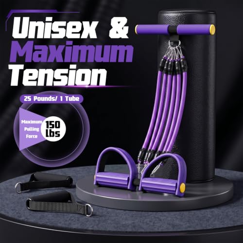 Arrowbash Upgrade 6 Tubes Foot Pedal Resistance Band Adjustable Pedal Puller Resistance Band with Handle Multifunction Fitness Bands for Men Women Abdomen Arm Leg Stretching - color: Purple, size: 150 Lbs