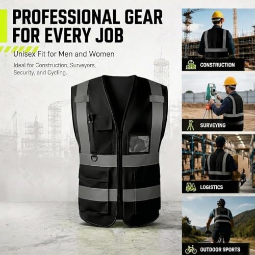 Safety Vest High Visibility Reflective Construction Vest - color: Black, size: X-Large