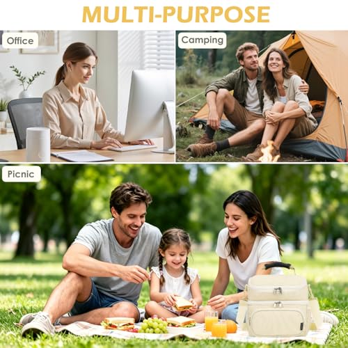FlowFly Double Layer Cooler Insulated Lunch Bag Adult Lunch Box Large Tote Bag for Men, Women, With Adjustable Strap,Front Pocket and Dual Large Mesh Side Pockets - color: Biege