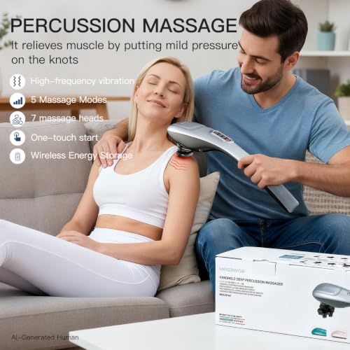 MEGAWISE Cordless Back Massager, 5 Speed Handheld Massager for Body