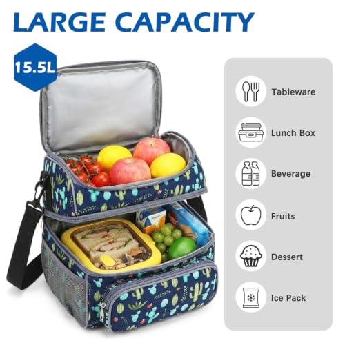 FlowFly Double Layer Cooler Insulated Lunch Bag Adult Lunch Box Large Tote Bag for Men, Women, With Adjustable Strap,Front Pocket and Dual Large Mesh Side Pockets - color: Cactus
