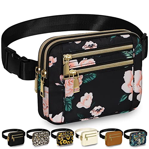 Capolo Fanny Packs for Women 4 Zip Pocket Crossbody Belt Bag Waist Bags - color: Black Flower, size: Medium
